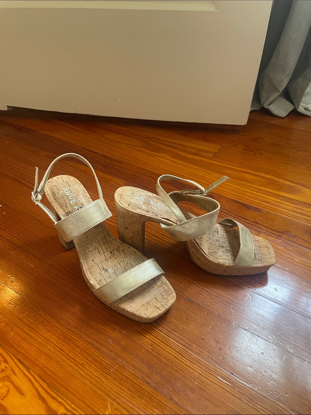 Anne Klein Metallic Gold Cork Block Heel Sandals
